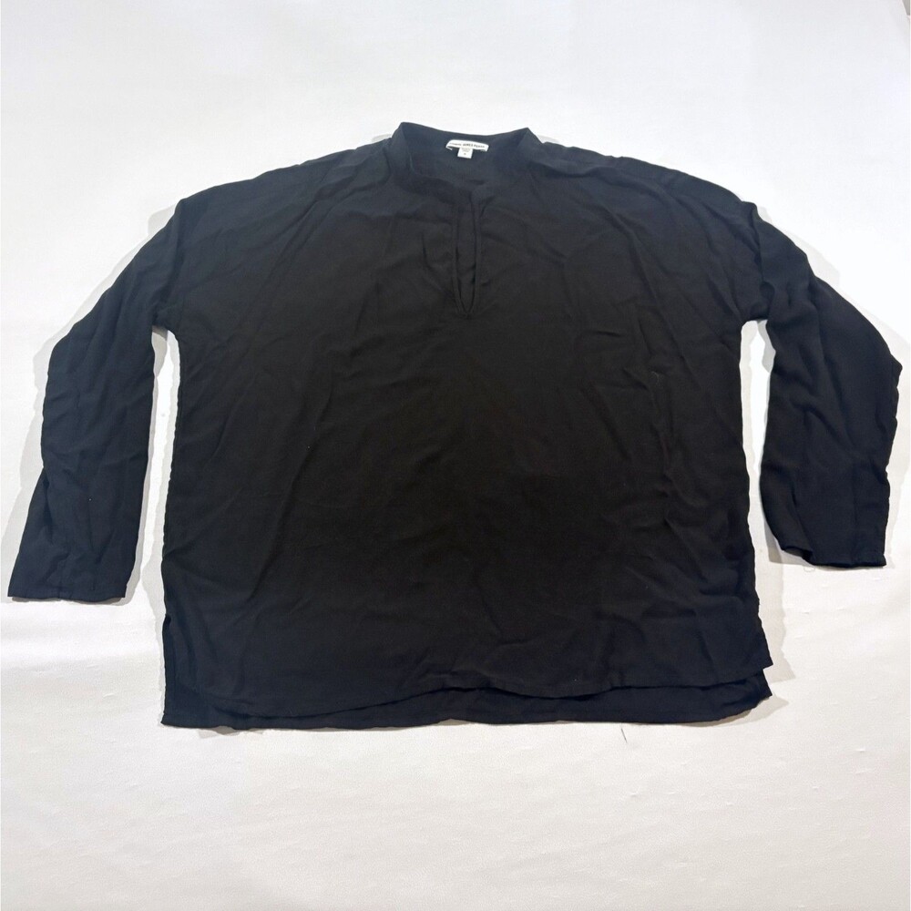 James Perse Womens Black Split Neck Long Sleeve Rayon Blouse Top Sz 2 Medium